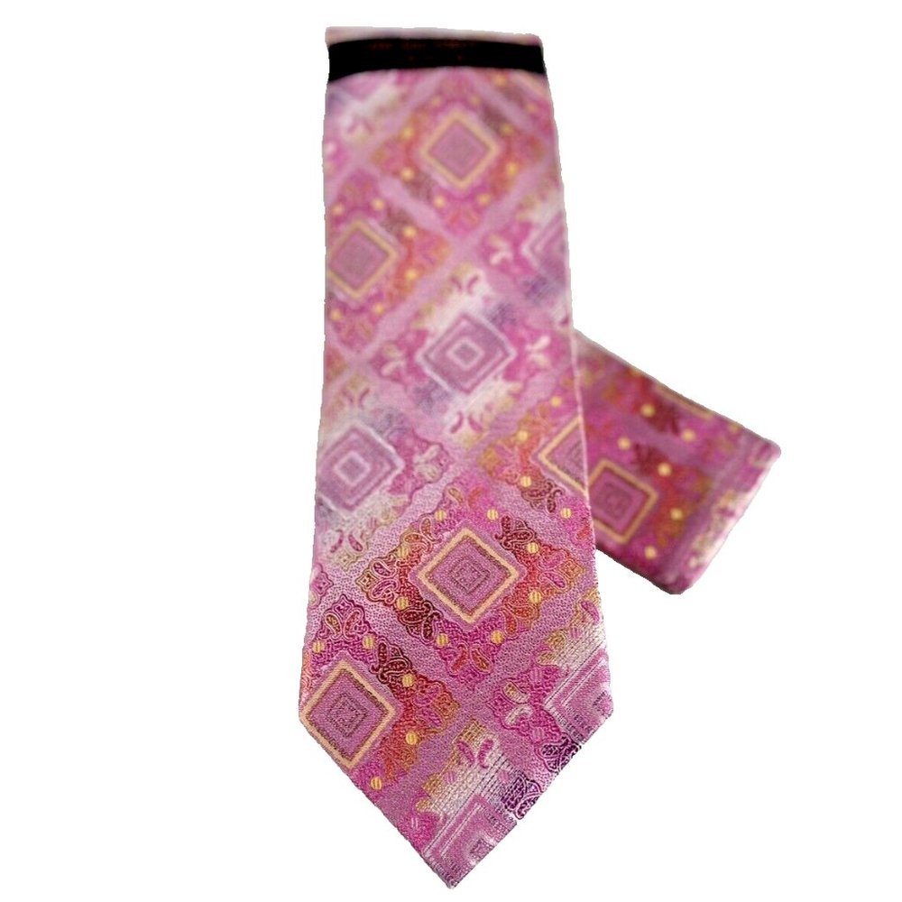 Steven Land The Big Knot Men's Tie & Hanky Pink Fuchsia Gold Plaids 100% Silk